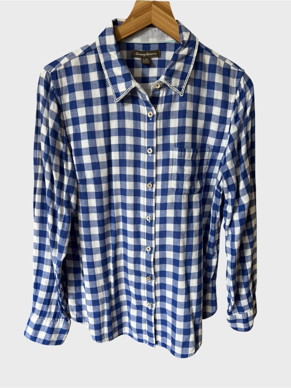 Tommy Bahama Blue and White Gingham Shirt with Embellished Collar